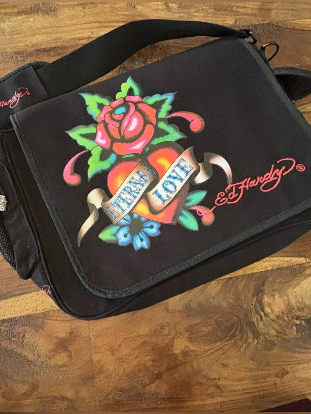 Ed Hardy Black Messenger Bag with Colorful Tattoo Heart and Rose Graphic